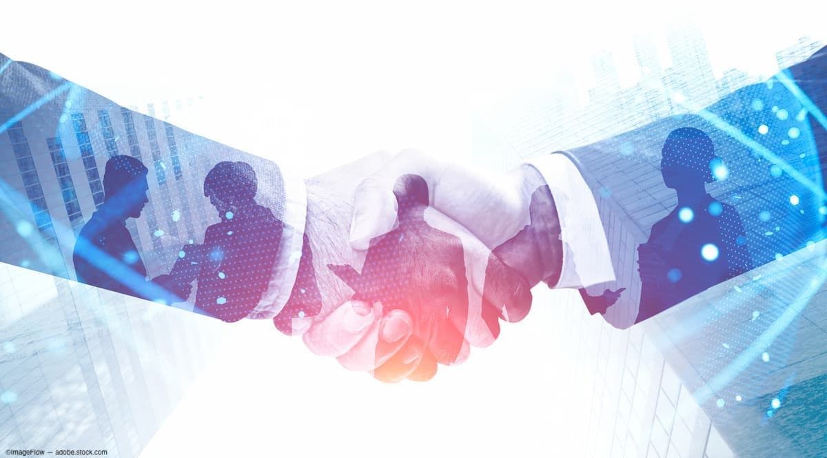 Two businessmen shaking hands with graphic overlay of business meeting Image credit: ©ImageFlow - adobe.stock.com