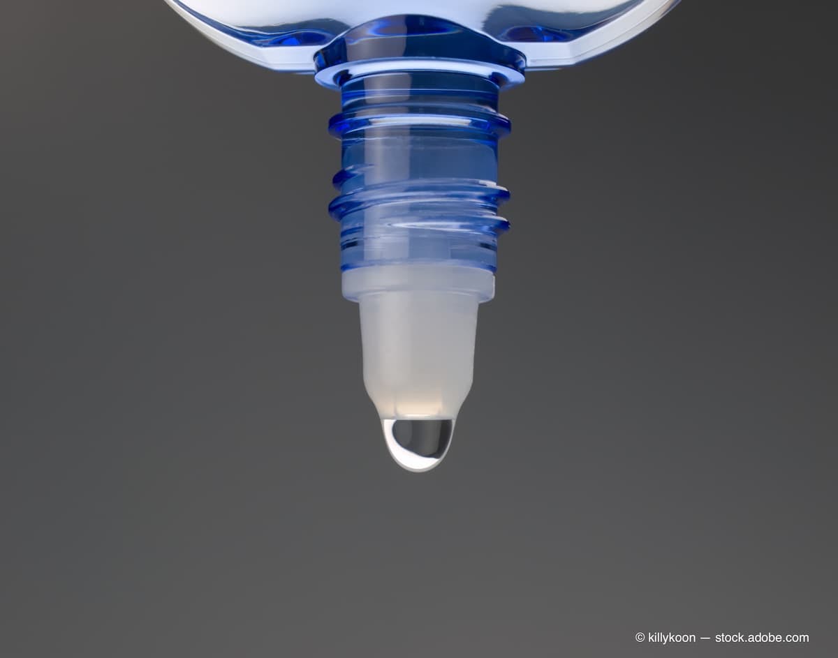 Eyedrop in blue transparent container. (Adobe Stock / killykoon)