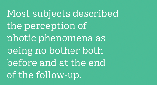 Most subjects described the perception of photic phenomena as being no bother both before and at the end of the follow-up. 