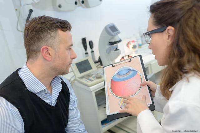 Eye care provider holds eye diagram up to patient Image credit: ©auremar - adobe.stock.com
