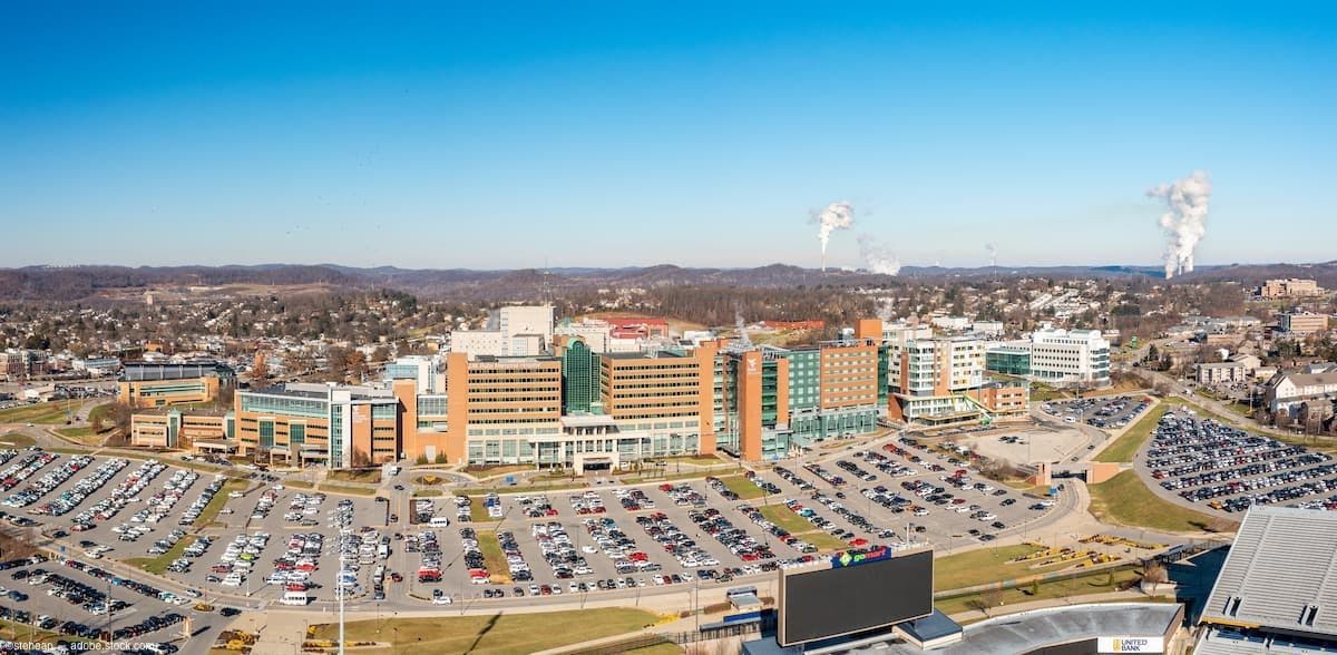 Flyover shot of JW Ruby Memorial Hospital, part of WVU Medicine Image Credit: AdobeStock/steheap