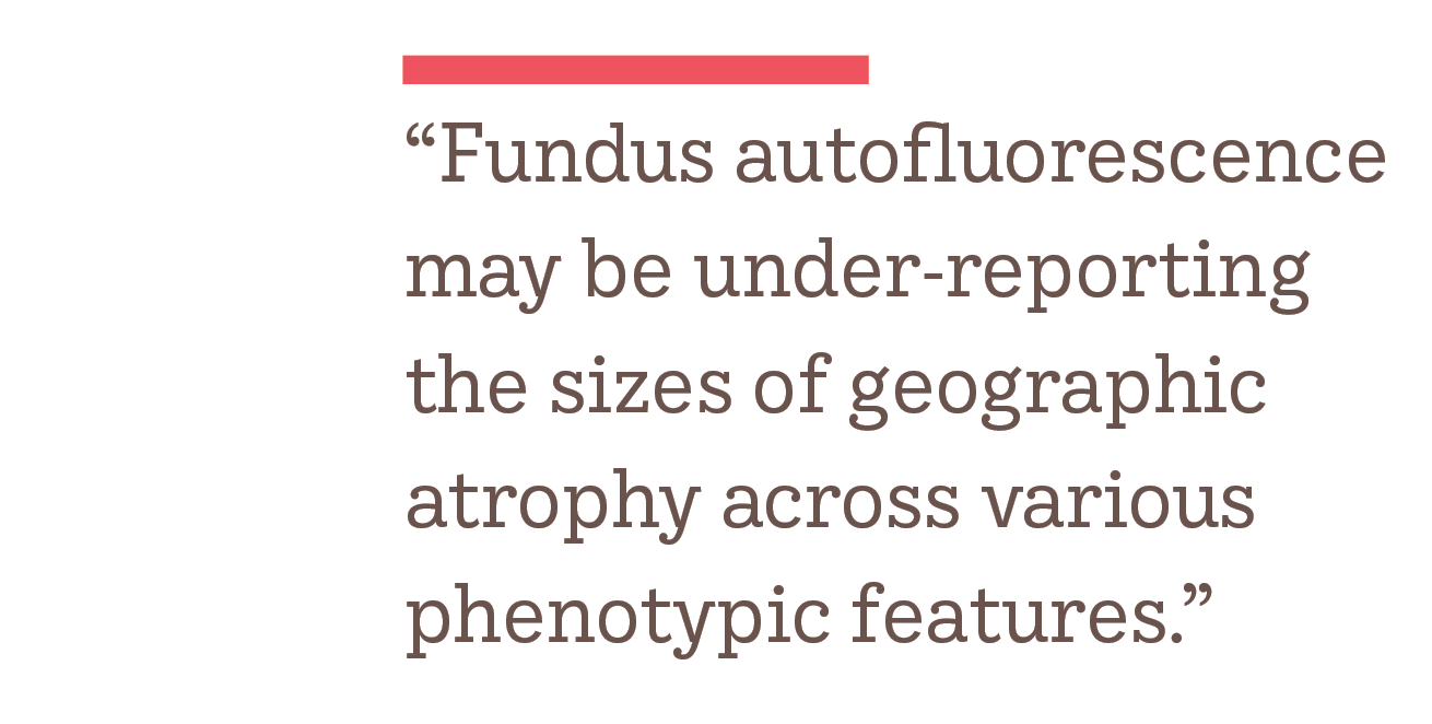 Pull quote that reads: "Fundus autofluorescence may be under-reporting the sizes of geographic atrophy across various phenotypic features."