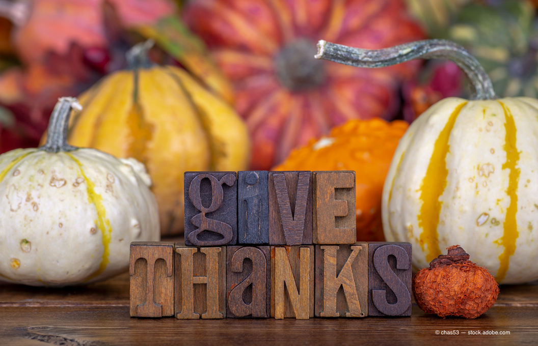 "give thanks" wooden blocks and pumpkins