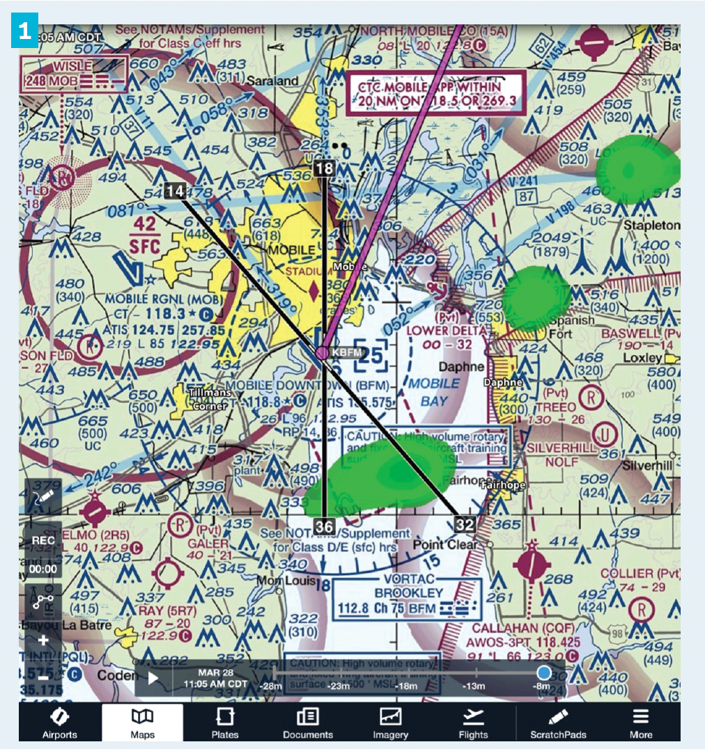 Figure 1. An aviation chart of the area around Mobile, Alabama. The green oblongs are radar images of precipitation. The display is on an iPad through a subscription app called ForeFlight that is used for flight planning and can be carried in the cockpit during flight. 