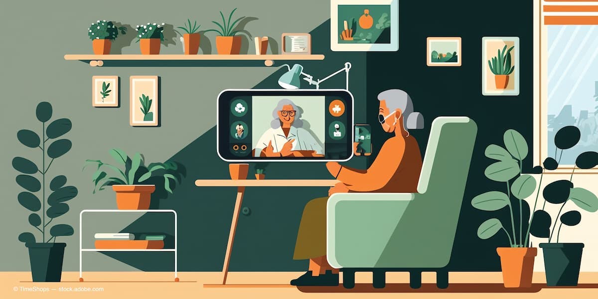 convenience of telehealth with image of patient interacting with doctor via video call on a personal device. Show patient comfortably seated at home, while doctor appears on screen. Generative AI.  (Adobe Stock / TimeShops - AI generated)