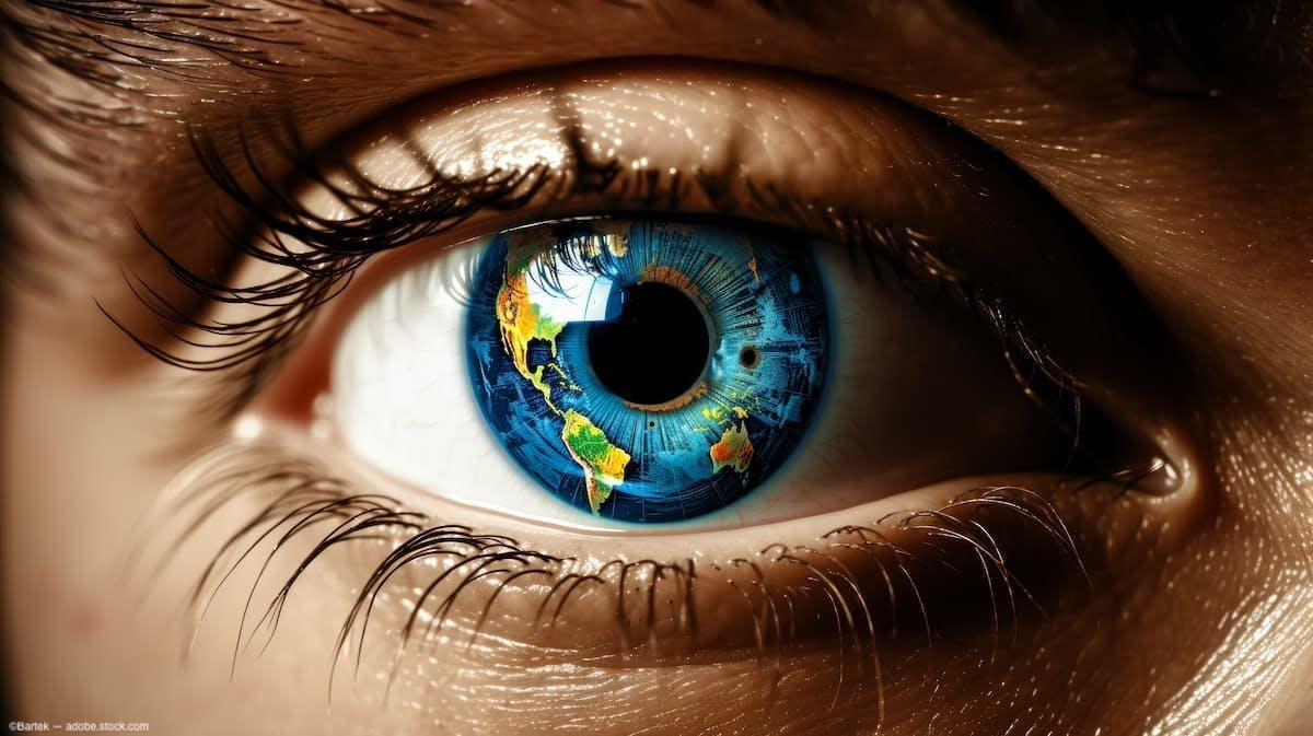 Closeup of eye with world map imposed on iris Image Credit: AdobeStock/Bartek