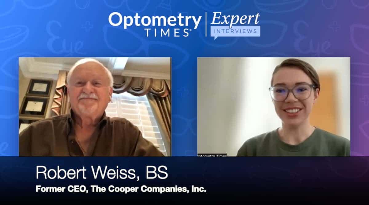 Robert Weiss, former CEO and President of The Cooper Companies, Inc. (left) and Optometry Times' Assistant Managing Editor Emily Kaiser Maharjan Image Credit ©Optometry Times