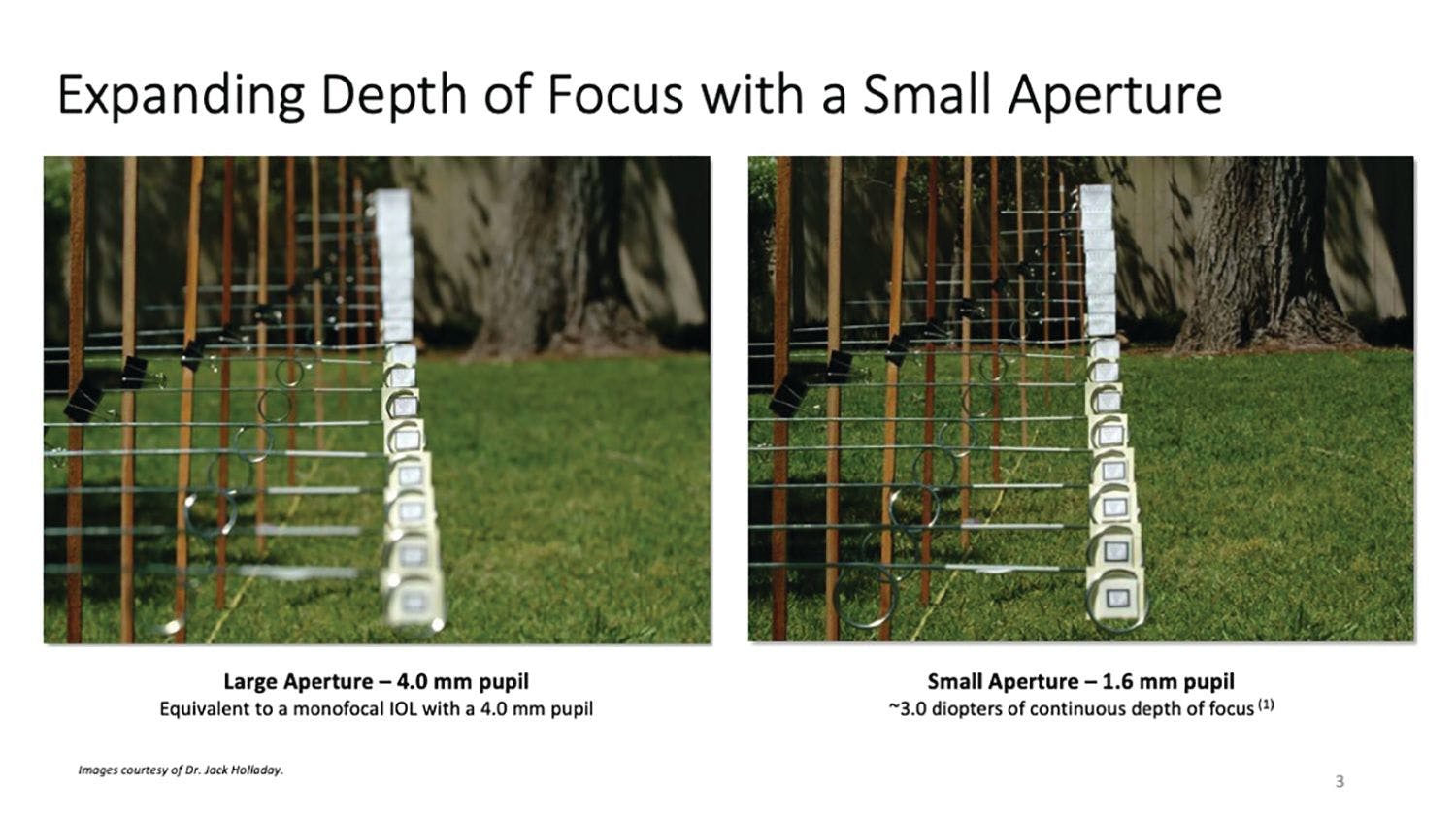 Figure 1. Depth of focus with a large aperture (equivalent to a 4.0-mm pupil) vs small aperture (equivalent to a 1.6-mm pupil) in a camera lens. (Images courtesy of Dr. Jack Holladay) 
