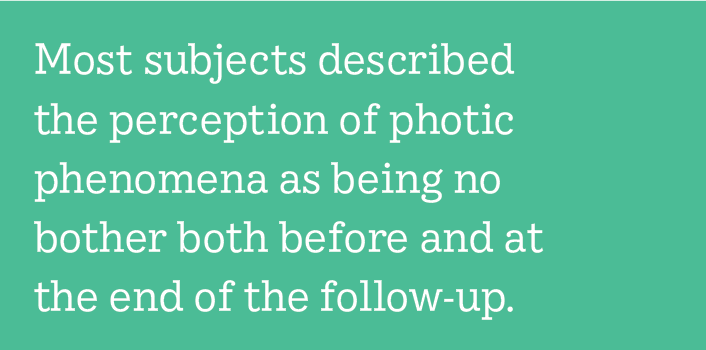 Most subjects described the perception of photic phenomena as being no bother both before and at the end of the follow-up. 