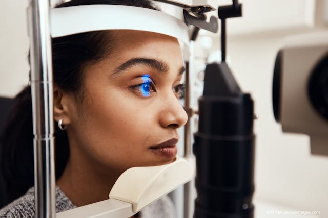Keep as still as possible. Shot of a young woman getting her eyes examined with a slit lamp. (Adobe Stock / N Felix/peopleimages.com)
