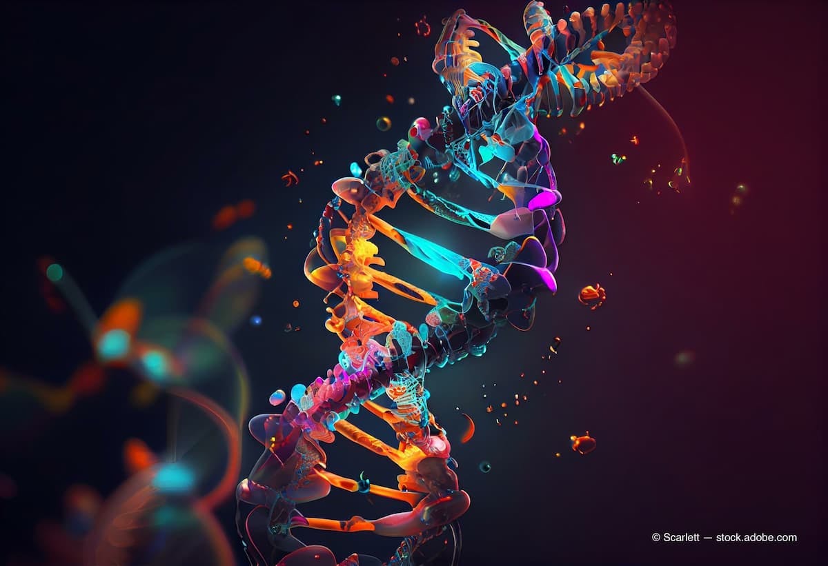 DNA helix colorful genes chromosomes DNA sequence, DNA structure with glow. Science concept background 3d rendering. Generative AI (Adobe Stock / Scarlett - generated with AI)